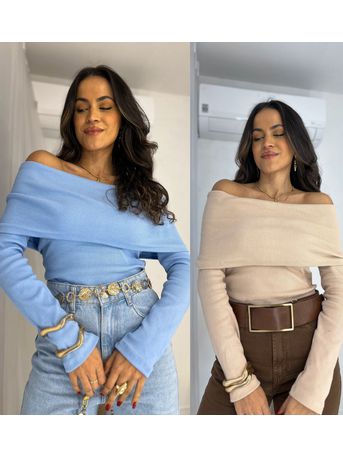 Compre o kit Blusa Ombro a Ombro Nude + Azul Bourn
