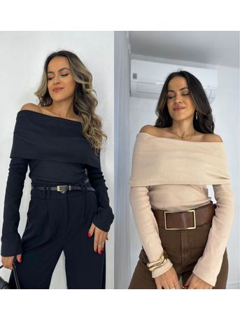 Compre o kit Blusa Ombro a Ombro Nude + Preta Bour...