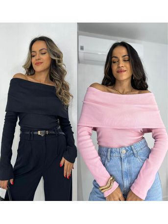 Compre o kit Blusa Ombro a Ombro Preta + Rosa Bour...