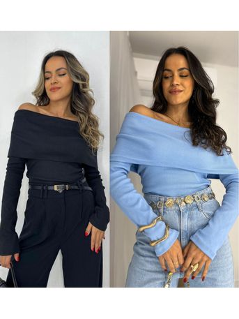 Compre o kit Blusa Ombro a Ombro Preta + Azul Bour...