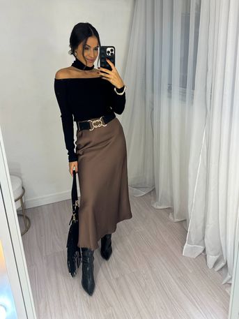 Saia Midi Acetinada Marrom Velma - SUBLIME 