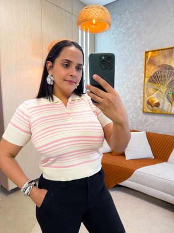 Gola polo Tricot Listra Rosa/ Off - 4050 - Rebeca Azevedo