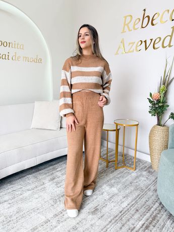 Conjunto Tricot Larissa Bege Listrado - 8279 - Rebeca Azevedo
