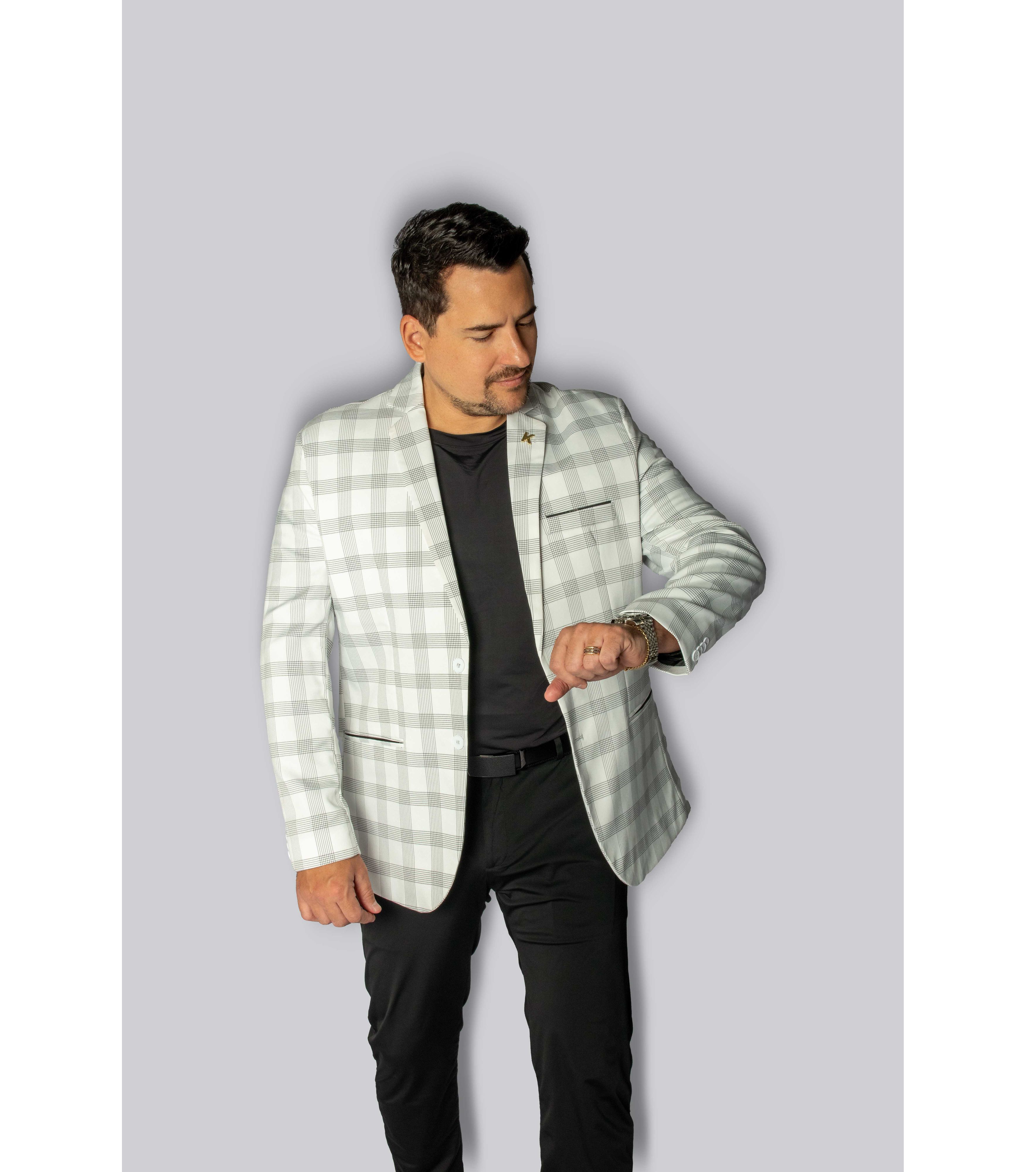 Blazer Branco Xadrez Slim em Poliviscose - King Ternos