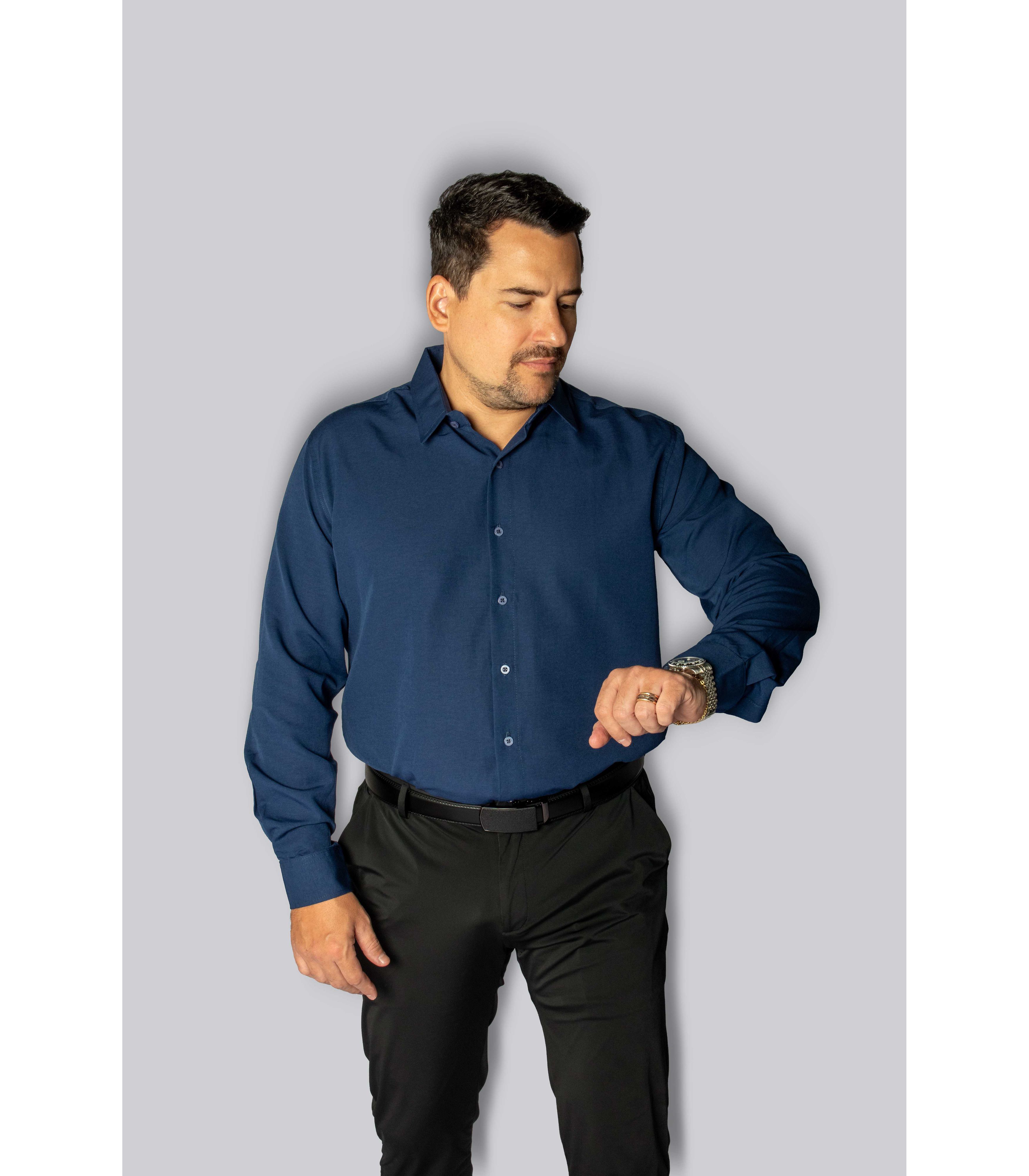 Camisa Social Azul Marinho Slim Manga Longa - King... - King Ternos