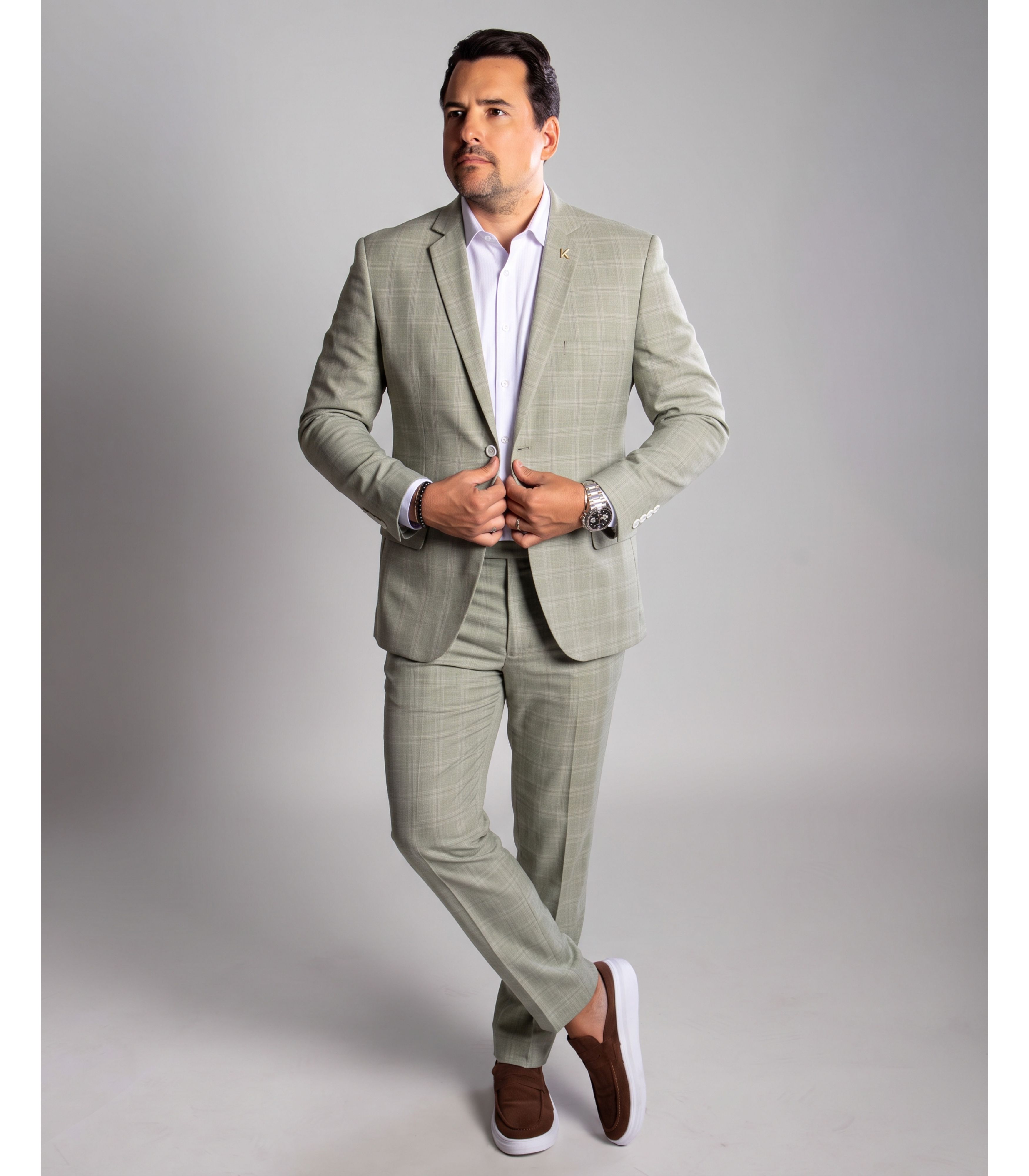 Terno Quadriculado Ecru Slim em Poliviscose - Coleção Britanic King Ternos