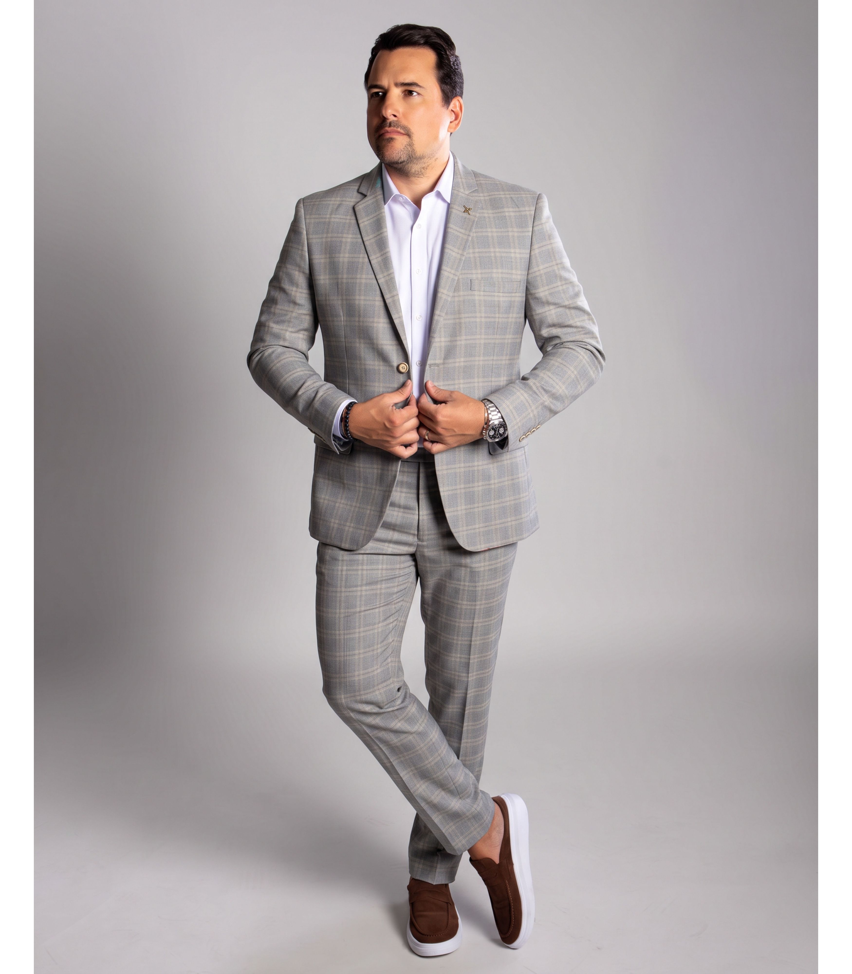 Terno Quadriculado Oyster Slim em Poliviscose - Co... - King Ternos