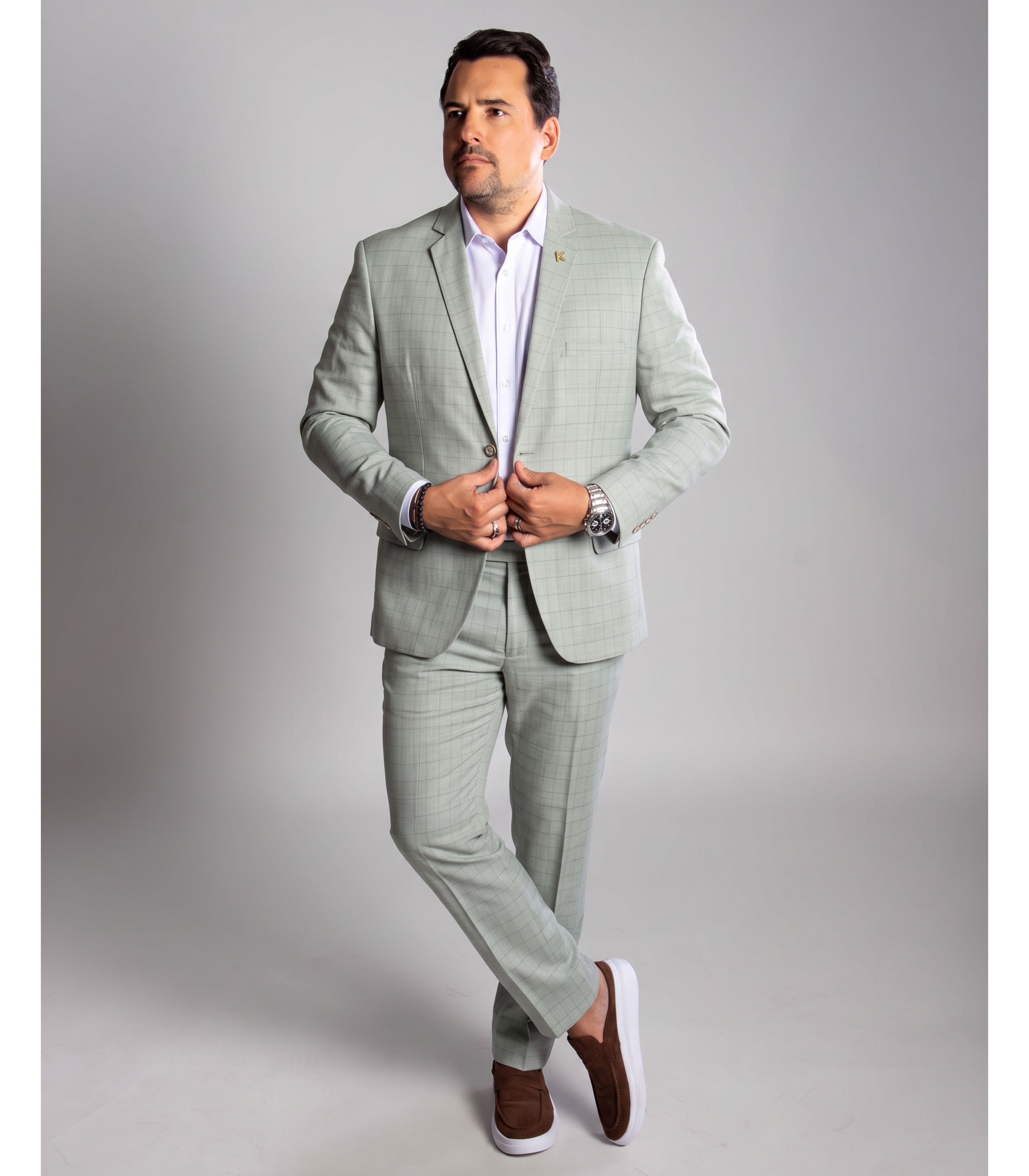 Terno Quadriculado Verde Claro Slim em Poliviscose... - King Ternos