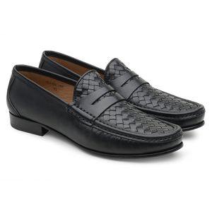 Mocassim Masculino de Couro Tressê Preto Gj03 Solado De Couro