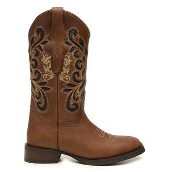 Bota Feminina Texana Cano Longo Couro Rústico Caramelo Gliter Preto Bordado á Laser - Xucrão Boots | Botas e Botinas Country Premium