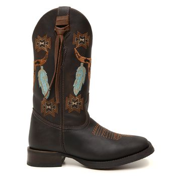 Bota Feminina Texana Cano Longo Couro Rústico Café Bordado Cabeça de Boi ferrugem Azul Sola feita á ... - Xucrão Boots | Botas e Botinas Country Premium