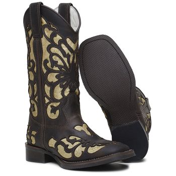 Bota Feminina Texana Cano Longo Couro Rústico Fosco Café Bordado e Laser com Gliter Dourado - Xucrão Boots | Botas e Botinas Country Premium