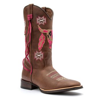 Bota Feminina Texana Cano Longo Solado Pré-Frezado Couro Fóssil Tabaco Rosa - Xucrão Boots | Botas e Botinas Country Premium