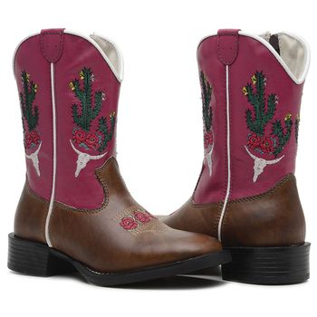 BOTA TEXANA FEMININA INFANTIL CANO ALTO FÓSSIL TABACO BORDADO CABEÇA DE BOIA - Xucrão Boots | Botas e Botinas Country Premium