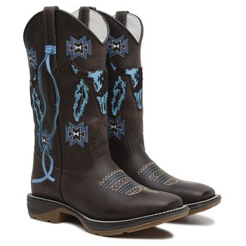 Bota Feminina Texana Cano Longo Couro Rustico Fosco Café Bordado Cabeça de Boi Azul Sola Jump - Xucrão Boots | Botas e Botinas Country Premium