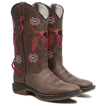 Bota Feminina Texana Cano Longo Couro Rústico Fosco Tabaco Bordado Cabeça de Boi Rosa Sola Jump - Xucrão Boots | Botas e Botinas Country Premium