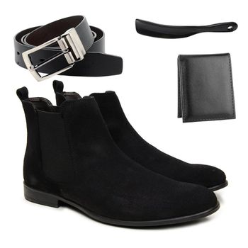kit Bota Chelsea de Camurça Preto + Cinto Dupla Fa... - BERGANNO