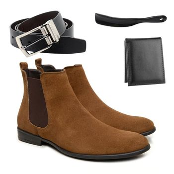 kit Bota Chelsea de Camurça Trufa + Cinto Dupla Fa... - BERGANNO