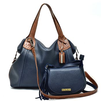 Bolsa Grande Azul Marinho com alças croco caramelo e Mini Couro Legitimo Azul Marinho REF:DM-01A - Daniella Marques | Bolsas Femininas em Couro