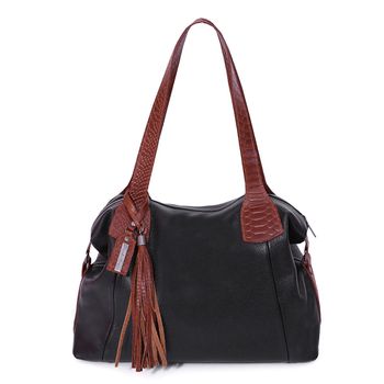 Bolsa grande ombro couro preta com alça caramelo ref:DM-14 - Daniella Marques | Bolsas Femininas em Couro