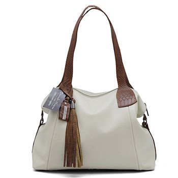 Bolsa grande ombro Couro Legitimo off white com alças caramelo ref:DM-14 - Daniella Marques | Bolsas Femininas em Couro