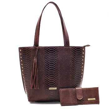 Kit bolsa grande couro legitimo croco e carteira chocolate ref:DM-03BCR - Daniella Marques | Bolsas Femininas em Couro