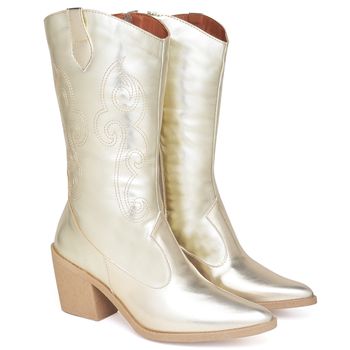 9811 Bota Texana Western Country Cano Médio Metalizado Ouro Light - ELLA´S ONLINE | Calçados e Acessórios Femininos