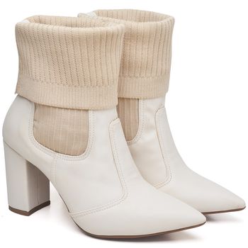 9505 Bota Cano Curto Salto Grosso Médio Napa/Knitted Off White - ELLA´S ONLINE | Calçados e Acessórios Femininos