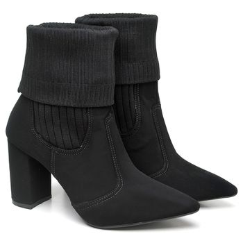 9505 Bota Cano Curto Salto Grosso Médio Nobuck/Knitted Preto - ELLA´S ONLINE | Calçados e Acessórios Femininos