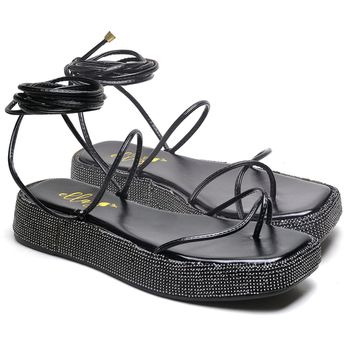 11001 Sandália Flat Strass Napa Preto - ELLA´S ONLINE | Calçados e Acessórios Femininos