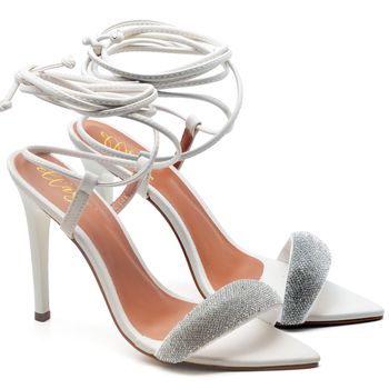 7961 Sandália Salto Alto Bico Folha Napa Off White/Manta Strass - ELLA´S ONLINE | Calçados e Acessórios Femininos
