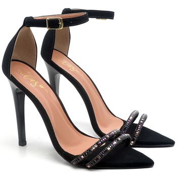 7962 Sandália Salto Alto Bico Folha Nobuck Preto/Pedraria - ELLA´S ONLINE | Calçados e Acessórios Femininos
