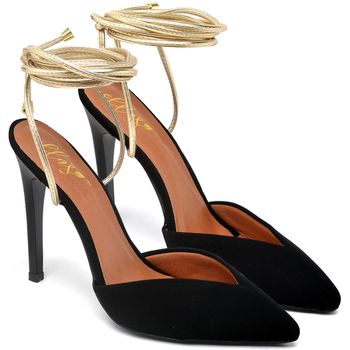 7952 Scarpin Salto Alto Nobuck Preto/Ouro - ELLA´S ONLINE | Calçados e Acessórios Femininos