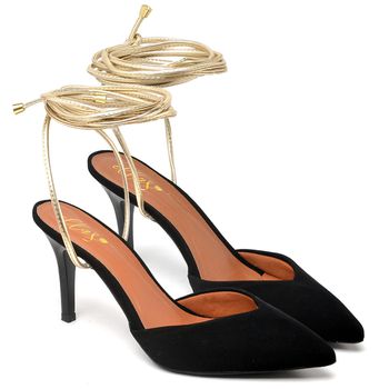 8952 Scarpin Salto Medio Nobuck Preto/Ouro - ELLA´S ONLINE | Calçados e Acessórios Femininos