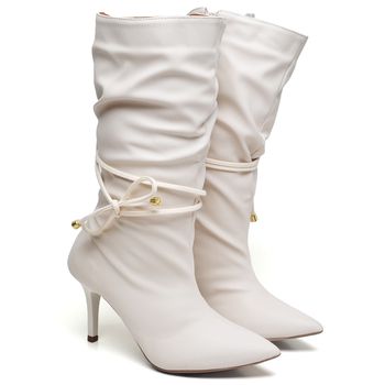 9116 Bota Cano Médio Enrrugado Salto Médio Napa Off White com Tira - ELLA´S ONLINE | Calçados e Acessórios Femininos