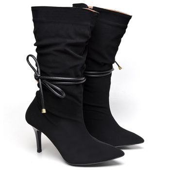9116 Bota Cano Médio Enrrugado Salto Médio Nobuck Preto com Tira - ELLA´S ONLINE | Calçados e Acessórios Femininos