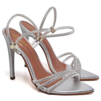 7964 Sandália Salto Alto Bico Folha Metalizado Prata/Tira Strass - ELLA´S ONLINE | Calçados e Acessórios Femininos