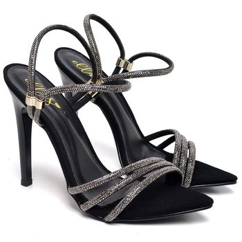7964 Sandália Salto Alto Bico Folha Nobuck Preto/Tira Strass - ELLA´S ONLINE | Calçados e Acessórios Femininos