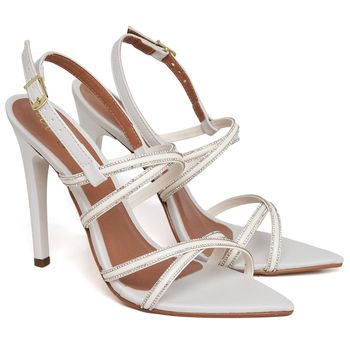7980 Sandália Salto Alto Bico Folha Napa Off White/Tira Strass - ELLA´S ONLINE | Calçados e Acessórios Femininos