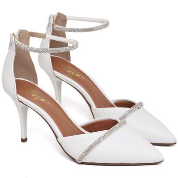 8978 Scarpin Salto Médio Bico Folha Napa Branco/Tira Strass - ELLA´S ONLINE | Calçados e Acessórios Femininos