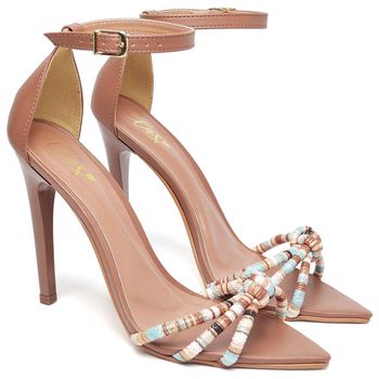 7912 Sandália Salto Alto Bico Folha Napa Caramelo/Tira Color - ELLA´S ONLINE | Calçados e Acessórios Femininos