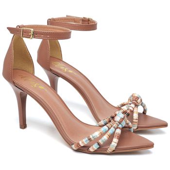 8912 Sandália Salto Médio Bico Folha Napa Caramelo/Tira Color - ELLA´S ONLINE | Calçados e Acessórios Femininos