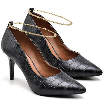 8104 Scarpin Salto Médio Crocodiles Preto com Corrente - ELLA´S ONLINE | Calçados e Acessórios Femininos