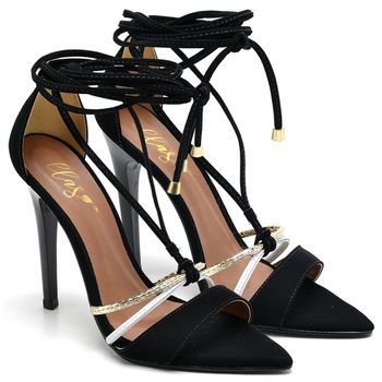 7926 Sandália Salto Alto Nobuck Preto/Branco/Ouro Light - ELLA´S ONLINE | Calçados e Acessórios Femininos