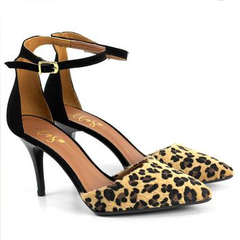8913 Sandália Salto Médio Bico Folha Pelo Onça/Nobuck Preto - ELLA´S ONLINE | Calçados e Acessórios Femininos