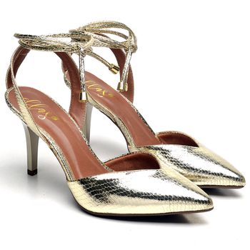 8916 Scarpin Salto Médio com Amarração Cristal Ouro Light - ELLA´S ONLINE | Calçados e Acessórios Femininos