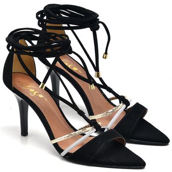 8926 Sandália Salto Médio Bico Folha Nobuck Preto/Branco/Ouro Light - ELLA´S ONLINE | Calçados e Acessórios Femininos