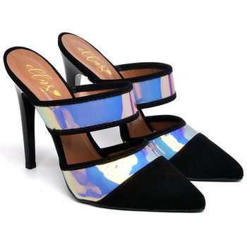 7931 Sandália Tamanco Salto Alto Nobuck Preto/Spechio Laser - ELLA´S ONLINE | Calçados e Acessórios Femininos