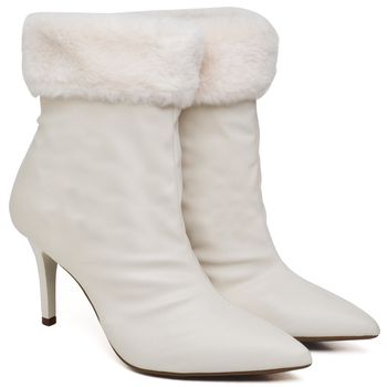 9102 Bota Cano Curto Salto Fino Médio Napa Off White/Pelo - ELLA´S ONLINE | Calçados e Acessórios Femininos