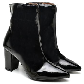 9501 Bota Cano Curto Salto Grosso Médio Verniz Preto - ELLA´S ONLINE | Calçados e Acessórios Femininos